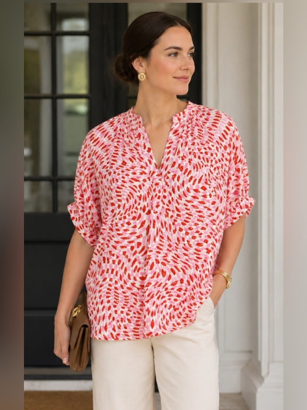 IVY JANE NWT Popover Pink & Red Confetti Top Oversized Boho Coastal Size S/M